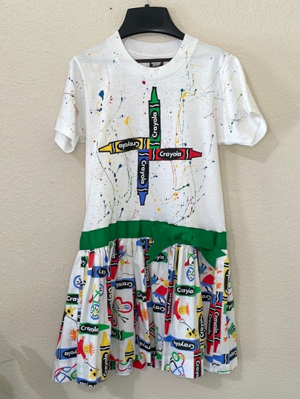 Vintage Handmade Crayola Crayon Shirt Dress with Bow Paint Splatter Size 10-12